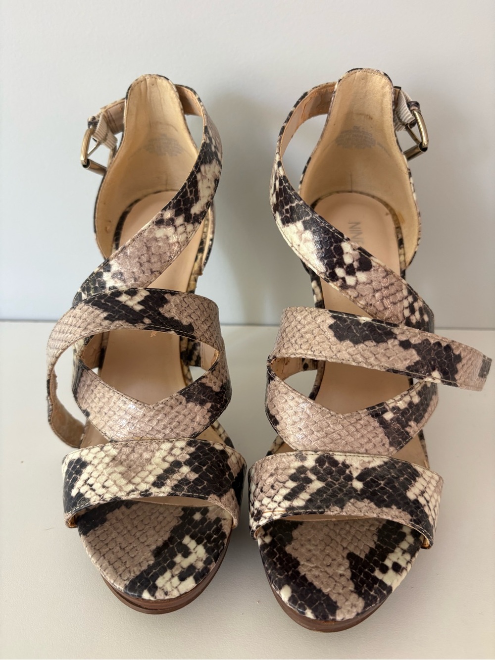Nine West Beige and Black Snake-Print Strappy Heels
